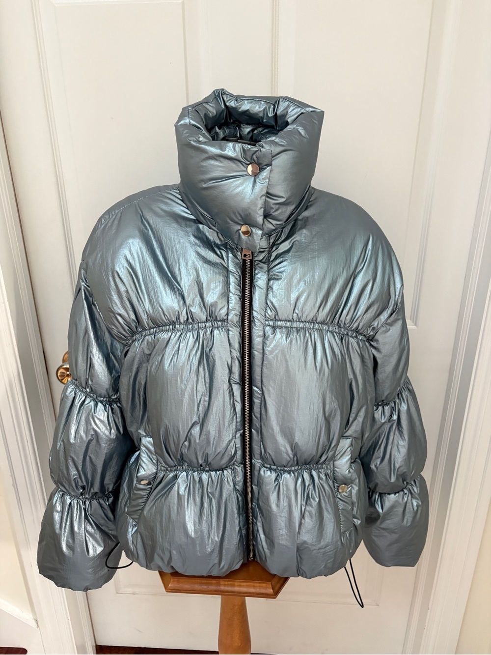 Metallic Gray High-Collar Puffer Jacket